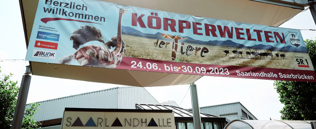 Banner KÖRPERWELTEN DER TIERE vor der Saarlandhalle Saarbrücken (Foto: proWIN)